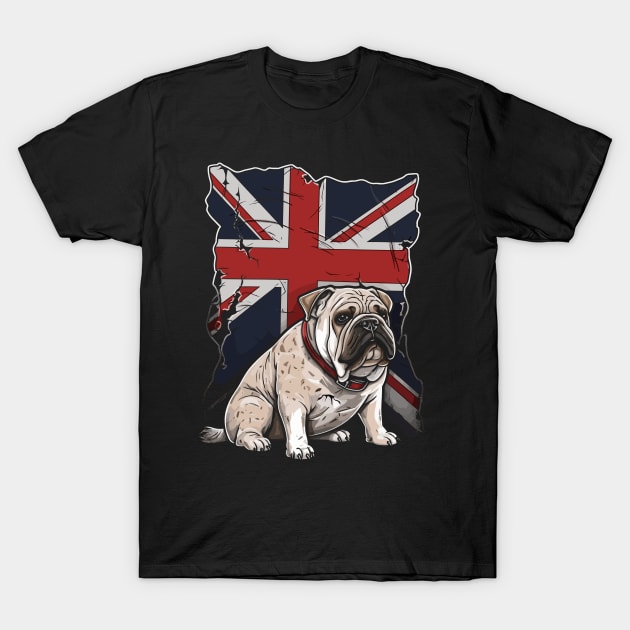 British Bulldog and Flag Cartoon - Patriotic Pet Design T-Shirt by TeeTrendz